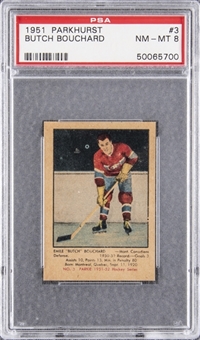 1951/52 Parkhurst #3 Butch Bouchard Rookie Card - PSA NM-MT 8